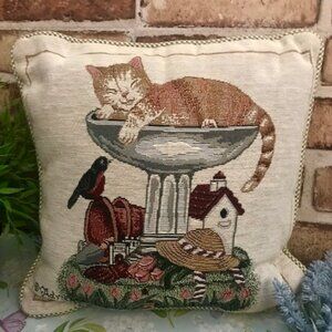 ADRIENNE SAMUELSON VINTAGE 12" TAPESTRY ACCENT PILLOW- PUSSYCAT IN A BIRDBATH